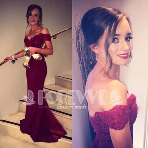 Elegant Burgundy Mermaid Evening Dress Long Abendkleider 2019 Off Shoulder Appliques Formal Dress Evening Gown Robe De Soiree