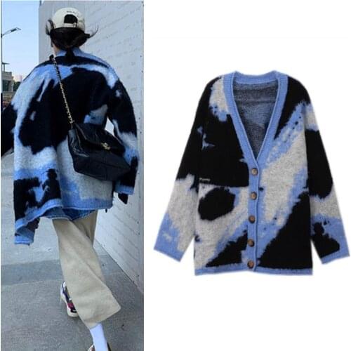 Winter Sweater Women Knitted Cardigans Harajuku Lazy Style Ladies V-Neck Fuzzy Geometric Cardigan Warm Knitwear Tops SY015