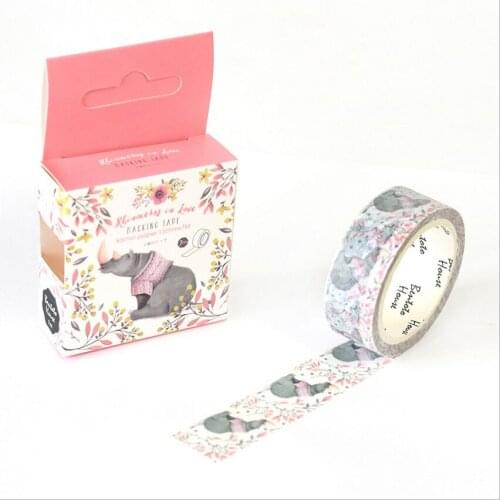 15mm Wide The Rhinoceros In Love Flowers Swatch Washi Adhesive Tape DIY Decorative Diary Scrapbook Sticker Label Masking Tape