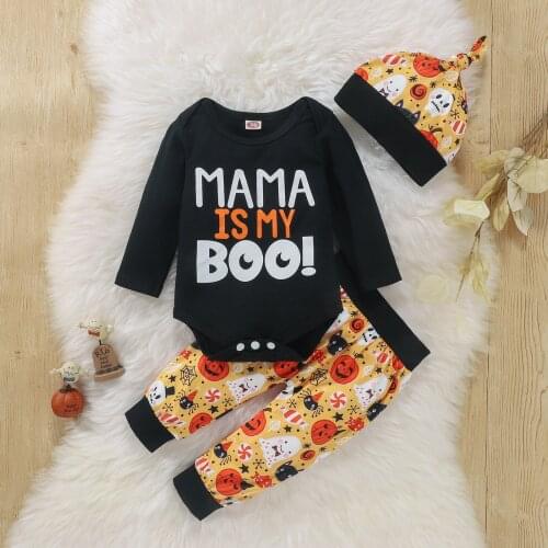 3pcs Baby Halloween Outfits Girls Long Sleeve Letter Print Romper Pumpkin Pants Top Knot Hat Sets Autumn Clothing