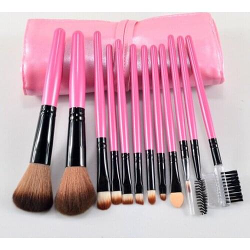 Free Shipping 12 pieces/1bag/lot Soft Eyelash Eyebrow Eyeshadow Blush Brushes with Leather bag for Beginner Full Makeup Tool Kit
