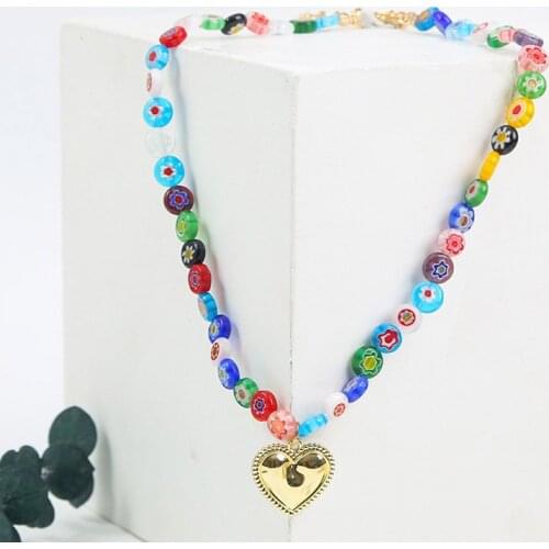 Bohemia Female Fashion Multicolor Printing Glazed Glass Beads Necklace For Women Classic Gold Color Metal Heart Pendant Necklace