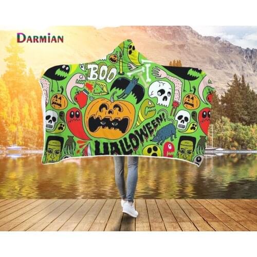 DARMIAN 2021 Halloween Pumpkin Graffiti Printed Soft Warm Wearable Hooded Fleece Blanket for Kid Adult Sofa Throw Blanket manta