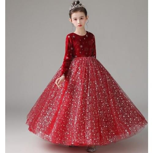 Flower Girl Dresses Illusion O-Neck Sequined Princess Floor-Length Tulle Lace Full Luxury Navy Blue Lovely Kids Party Gown H228