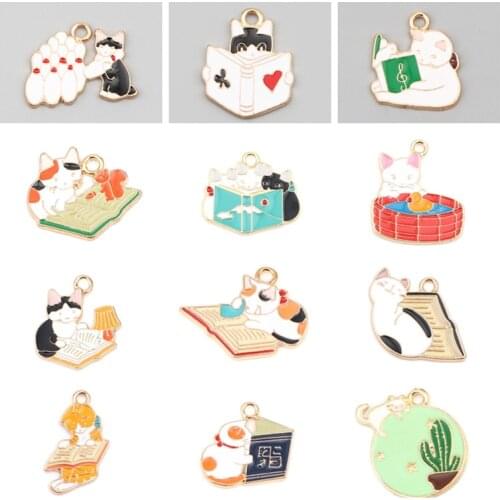 Doreen Box Fashion Zinc Based Alloy Charms Gold Color Cute Cat Book Multicolor Enamel DIY Making Earrings Women Jewelry,5PCs