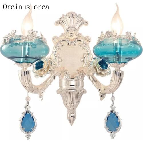 European luxury blue crystal wall lamp aisle background wall bedroom bedside lamp luxury glass wall lamp free shipping