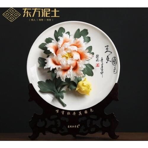 Clay ceramic peony hanging plate decoration Bogu rack living room desktop home decoration wine cabinet crafts gifts