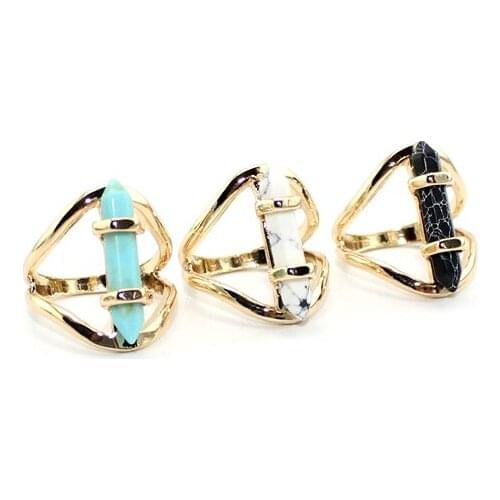 Hexagon Prism Green White Black kallaite Stone Rings Gold Color Howlite Ring For women Hand Jewelry