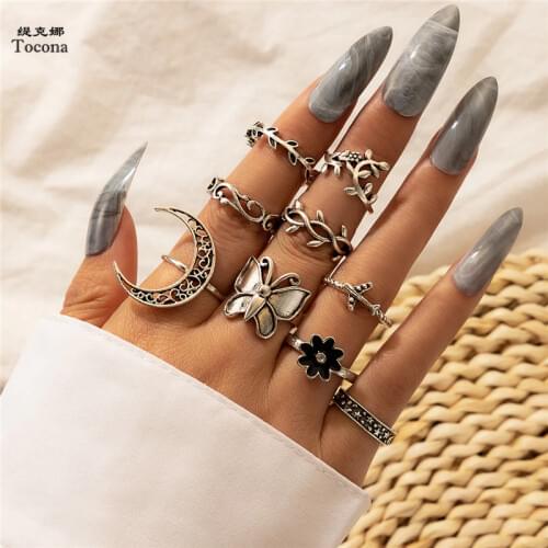 Tocona 9pcs/sets Bohemian Butterfly Moon Joint Ring Sets for Women Pretty Flowers Leaf Geoemtric Jewelry Accessories 16915