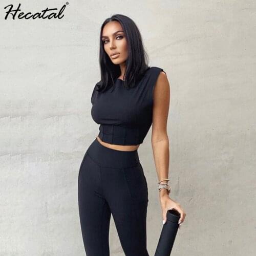 Heeatal Black Trousers Suit Women 2021 New Fashion Casual Solid Color Short Round Neck Top Trousers Two-piece Suit Office Lady