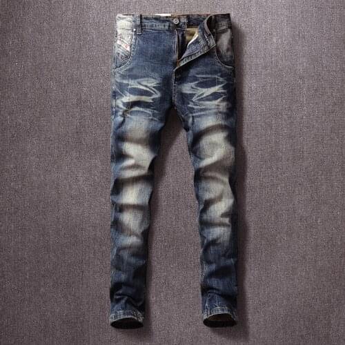 Italian Style Fashion Men Jeans High Quality Retro Blue Elastic Slim Ripped Jeans Distressed Wash Vintage Designer Denim Pants
