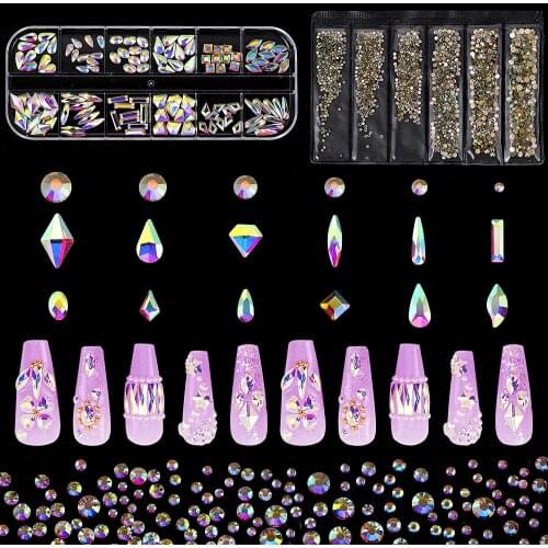 1848 pcs AB Crystal Nail Art Set 1728pcs Rhinestones Nail GemsIridescent 120pcs Multi-Shape Nail Jewels for Nail Art DIY
