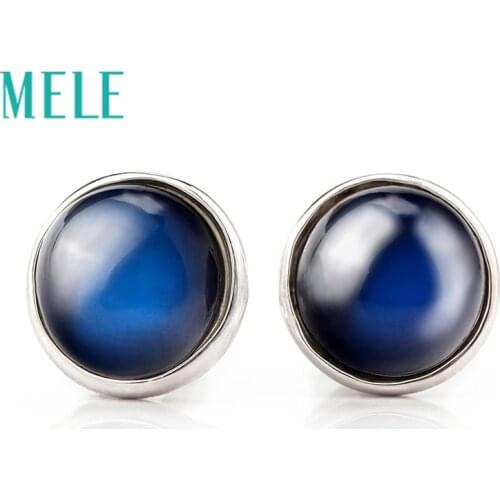 Natural blue moonstone real 18k white gold earrings,6mm round shape,modern stylish jewelry for women