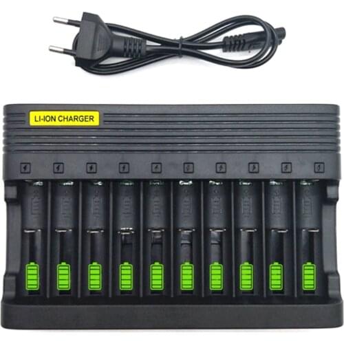 New Independent Slot EU Plug Charger Compact 10-slot Battery Charger 3.7/4.2V 14500 16340 18650 Li-ion Rechargeable Battery