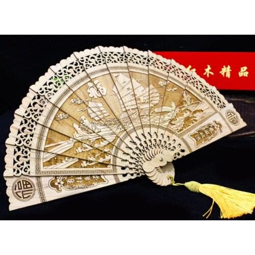 Wholesale Yabai wood carving fans, ride the wind and waves, Chinese wood crafts, exquisite folding fan ornaments