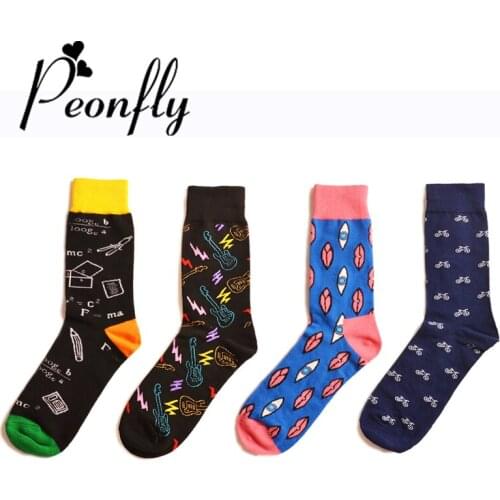 PEONFLY Casual Cotton Long Socks Men New Colorful Geometry Guitar Personality Lips Pattern Funny Socks Street Hip Hop Socks Male