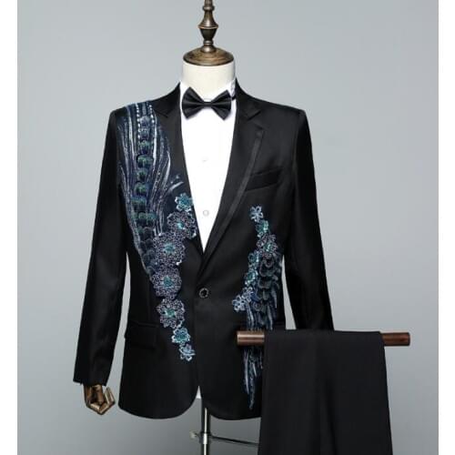 Singer dance stage black clothing for men Sequins suit set with pants 2020 mens wedding suits costume slim man formal dress tie