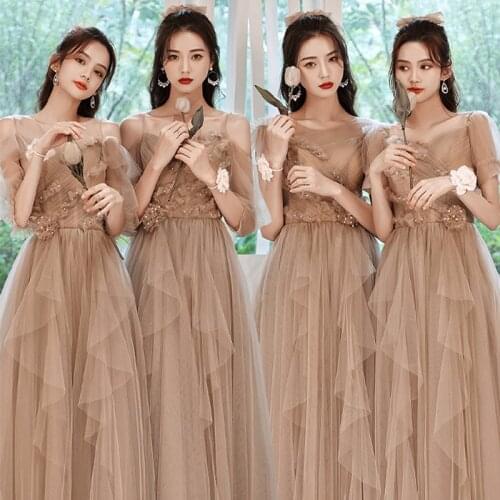 Bridesmaids Dress A-Line Three Quarter O-Neck Floor-Length Pearls Embroidery Lace Tulle Off The Shoulder Wedding Party Gown E429