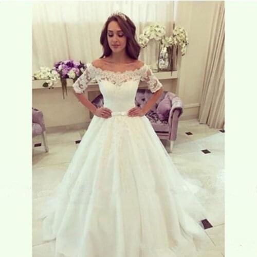 Princess A Line Wedding Dress Short Sleeve Tulle Lace Bridal Gowns Custom Made Draped Romantic Off Shoulder Bride Vestido