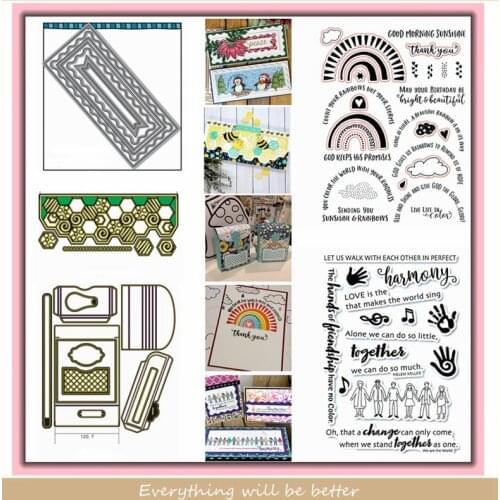 Rainbow Cloud Schoolbag Handprint Notes Sentence Letter Honeycomb Square Frame Metal Cutting Dies Clear Silicone Stamps Cards