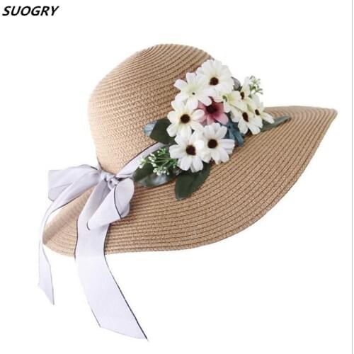 SUOGRY Women Sun Hat UV Protection Casual Summer Beach Floppy Hat Wide-Brimmed Straw hat Fresh Flower Bow Hat