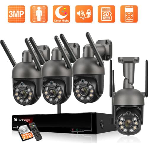 Techage HD 3MP PTZ WiFi IP Security Camera System Outdoor 8CH Wireless NVR Kit Color Night Vision H.265 Video Surveillance Kit