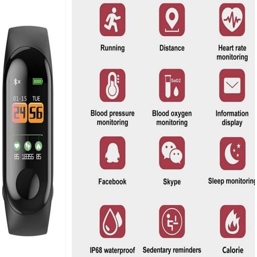 Blood pressure M3C Smart Bracelet Measuring Heart Rate Pedometer Waterproof and Wear-resistant Sports Bracelet for Android Apple