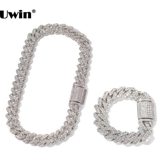 UWIN 18mm Zinc Alloy Miami Cuban Chain Necklace/Bracelet Set For Men Iced Out Bling Rhinestones Hip Hop Jewelry Drop Shipping