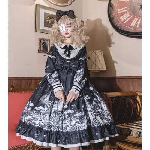 Girl Womens Clothing Gothic Lolita Dark Color loli Autumn Winter daily Lolita High Waist Kawaii Girl Cos Long Sleeve Dress