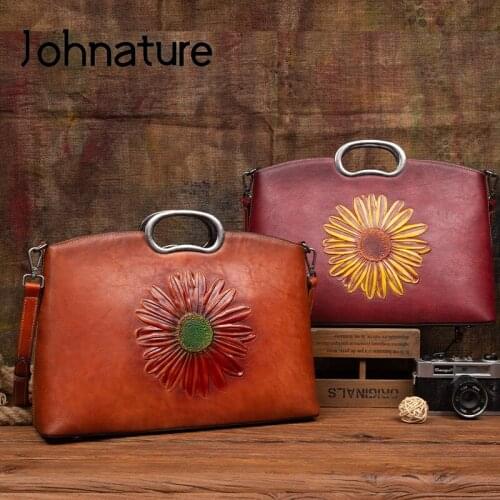 Johnature Hand Painted Floral Women Bag 2021 New Genuine Leather Luxury Handbag Vintage Soft Cowhide Shoulder & Crossbody Bags