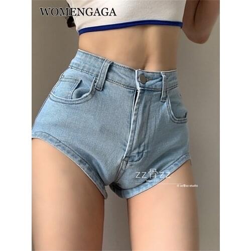 WOMENGAGA Korean Hot Irregular Hole Sexy Casual High Waist Denim Booty Shorts Women Blue Summer Boho Mini Short Y2K Girl 4NS9