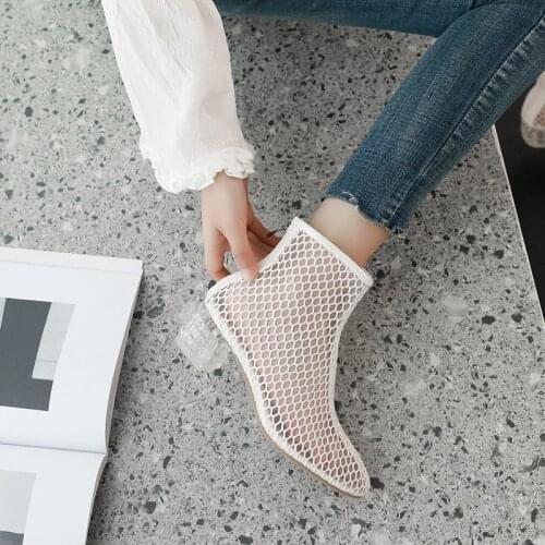 Ochanmeb Large Size 50 Net Boots Women Ladies See Through Mesh Summer Ankle Boots Woman Female Crystal Clear Heels Shoes Zipper