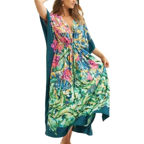 Plus size V neck Sexy Beach Dress Cover-ups 2021 Print Floral Swimsuit Cover up Sarong Robe Plage Beachwear Kaftan Beach Dress