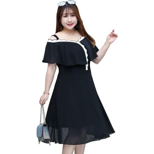 Oversize summer black dress women chiffon short sleeve expose shoulder elegant dress plus size 3XL-9XL female solid dress G1003