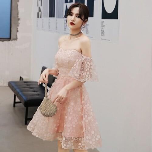 Pink Polka Dot Off Shoulder Prom Dress Knee Length Evening Dress 2020 Hot Sale Women Wedding Banquet Dress Vestido De Festa