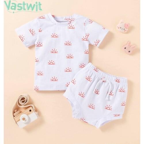 2021 Summer Newborn Baby Girls Clothes Set Baby Sun Print Short Sleeve T-Shirts Tops+PP Shorts Outfits Set 0-24Months Clothing