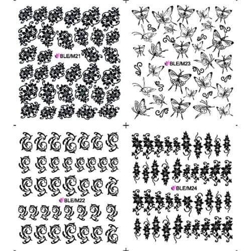 4 PACKS / LOT Nail Art Water Transfers Stickers Nail Decals Stickers BLACK BUTTERFLY FLOWER FULL COVER M021-M024