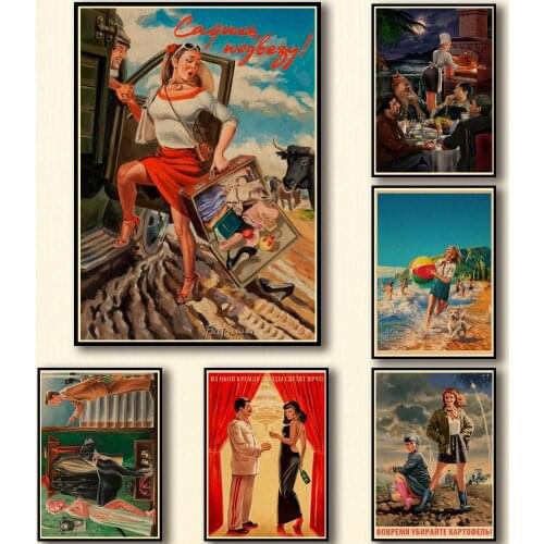 40 Designs Vintage USSR CCCP Pin-up Girls Kraftpaper Poster Valery Barykin Artwork Fancy Wall Sticker for Coffee House Bar