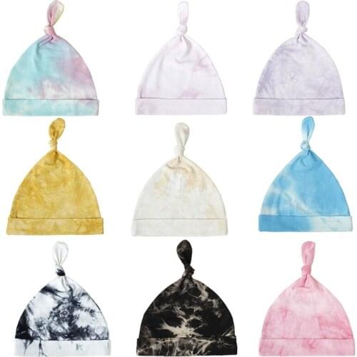 Newborn Infant Baby Cotton Beanie Hat Colorful Tie-Dye Print Elastic Wide Band Top Knot Stretchy Warm Skullies Cap
