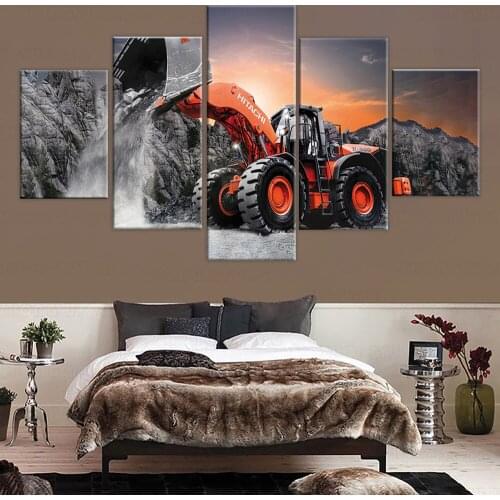 Home Decor Printed Modern Canvas Living Room Frame HD Pictures 5 Panel Canvas Excavator Landscape Modular Painting Wall Poster