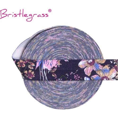 BRISTLEGRASS 2 5 Yard 5/8" 15mm Leaf Flower Print FOE Fold Over Elastics Spandex Satin Bands Hair Tie Headband Dress Sewing Trim