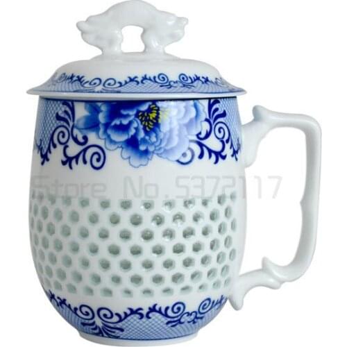 Chinese blue-and-white porcelain tea set office cup lid cellular design floral tea cups China ceramic mug 400ml new