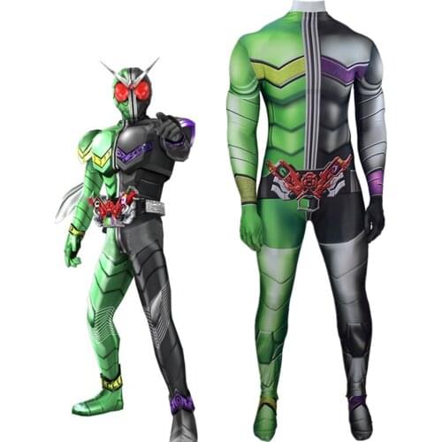 Masked Kamen Rider W Lycra Jumpsuits Cosplay Costume Zentai Bodysuit Adults Kids Halloween Party Printing One-Piece Green Suit