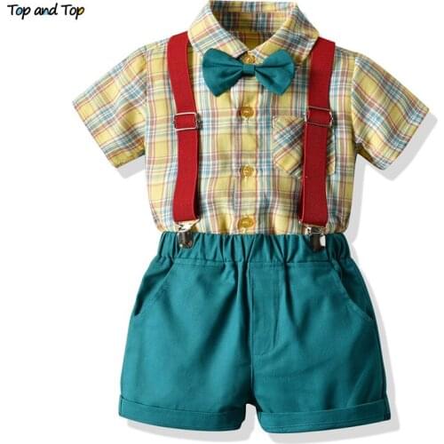 Top and top New Infant Boy Clothes Set Baby Gentleman Suit Cotton Short Sleeve Plaid Shirts Tops+Suspenders Shorts 2PCS Outfits