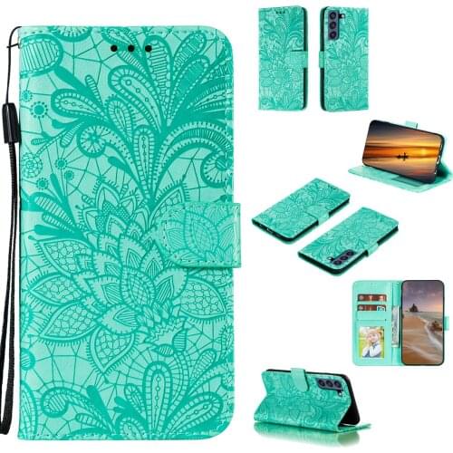 Lace Flower Embossed Pu Leather Phone Case for Samsung Galaxy S21FE Card Slot Wallet Photo Frame Kickstand Back Cover