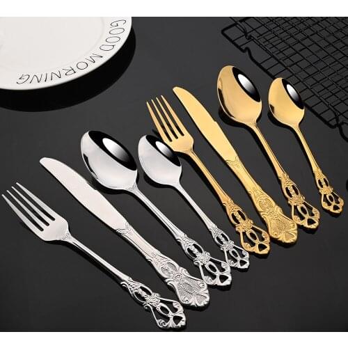 24Pcs Baroque Style Royal Flatware Cutlery Set Gold Luxury Dinnerware Stainless Steel Knife Fork Spoon Tableware Dishwasher