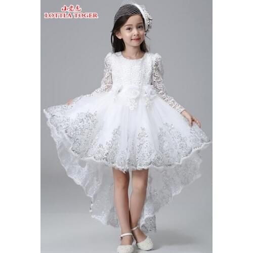 Factory Wholesale 3-12 years Girl Party Dress New Long Sleeve Lace Flower Girl Dresses Short Front Long Back Kids Evening Gowns