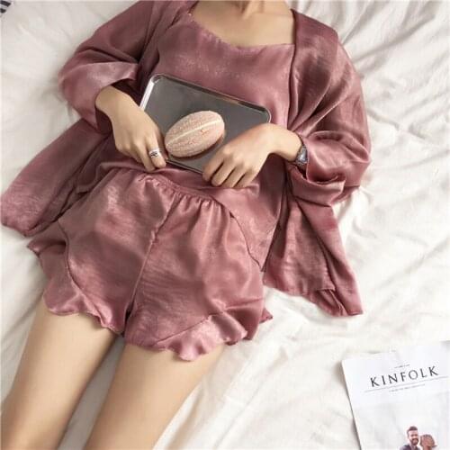 3PCS Sleepwear Female Pajamas Set Satin Pyjamamas Sexy Lace Patchwork Bridal Wedding Nightwear Rayon Home Wear Nighty&Robe Suit