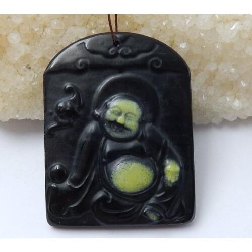 Charms Jewelry Pendant,Hand Engraving Natural Obsidian and Serpentine intarsia Buddha Pendant 50x38x6mm,19.8g