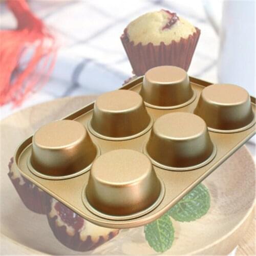 Supply 6 Even Cake Grinder Carbon Steel Black Gold Non-Stick Coating Baking Tray Muffin Chicken Cake Mold Wholesale